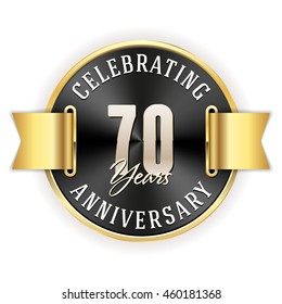 Black celebrating 70 years badge, rosette with gold border and ribbon