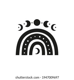 Black celestial boho rainbow with moon phases, dots, crescent isolated on white background. Bohemian baby illustration. Witchy symbol.