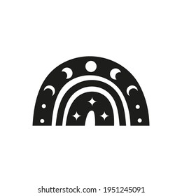 Black celestial boho rainbow with moon phases, dots, stars isolated on white background. Bohemian baby illustration.