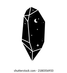 Black celestial crystal icon. Cute geometrical mystic astrology crystal with moon and stars. Mystical tshirt print, witchcraft stone. Magic element, vector illustration isolated on white.