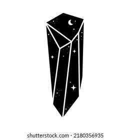 Black celestial crystal icon. Cute geometrical mystic astrology crystal with moon and stars. Mystical tshirt print, witchcraft stone. Magic element, vector illustration isolated on white.