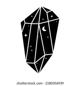 Schwarzes Himmelskristall-Symbol. Feiner geometrischer mystischer Astrologie-Kristall mit Mond und Sternen. Mystischer T-Shirt-Druck, Hexenkastein. Magisches Element, Vektorgrafik einzeln auf Weiß.