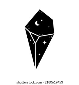 Schwarzes Himmelskristall-Symbol. Feiner geometrischer mystischer Astrologie-Kristall mit Mond und Sternen. Mystischer T-Shirt-Druck, Hexenkastein. Magisches Element, Vektorgrafik einzeln auf Weiß.