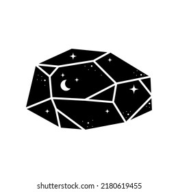 Icono de cristal celestial negro. Cristal de astrología geométrica con luna y estrellas. Impresión mística de camisetas, piedra de brujería. Elemento mágico, ilustración vectorial aislada en blanco.
