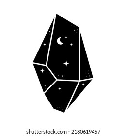 Black celestial crystal icon. Cute geometrical mystic astrology crystal with moon and stars. Mystical tshirt print, witchcraft stone. Magic element, vector illustration isolated on white.