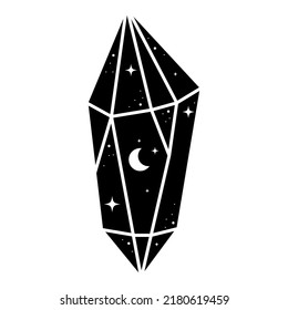 Icono de cristal celestial negro. Cristal de astrología geométrica con luna y estrellas. Impresión mística de camisetas, piedra de brujería. Elemento mágico, ilustración vectorial aislada en blanco.