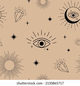 Black celestial elements on a beige background. Boho seamless pattern.