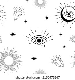 Black celestial elements on a white background. Boho seamless pattern.