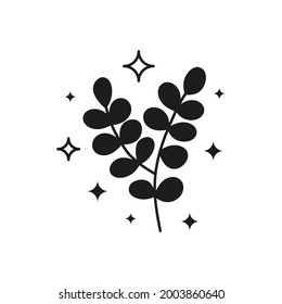 Black celestial leafy branch and stars around isolated on white background. Boho botanical illustration.