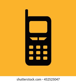Black cellphone icon vector illustration. Yellow background