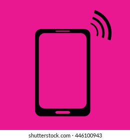 Black cellphone icon vector. Pink background
