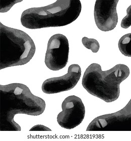 Black cells or cow print pattern with watercolor texture aquarelle background for milk product wallpaper or monochrome backdrop.