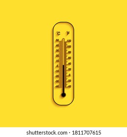 Black Celsius and fahrenheit meteorology thermometers measuring icon isolated on yellow background. Thermometer equipment showing hot or cold weather. Long shadow style. Vector.