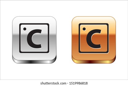 Black Celsius icon isolated on white background. Silver-gold square button. Vector Illustration