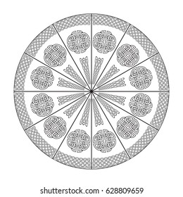 Black Celtic decorative mandala  with protection symbols on a white background. Vector illustration.