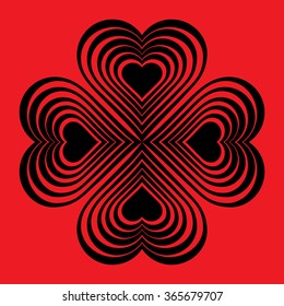 Black Celtic heart knot - stylized symbol. Made of hearts. Four-leaf clover. Isolated design element. Red background. Vector illustration.