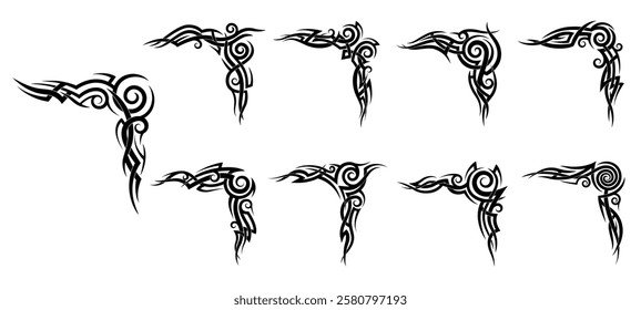 Black celtic and maori tribal tattoos set. Vector black corners, decorative angle borders in ancient folk style with curves or swirls. Traditional monochrome maori ornaments, pattern or embellishments