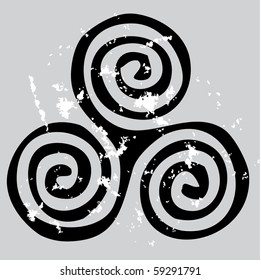 Black celtic spiral on the gray grunge background, triskelion isolated on grey color. Triskele, triskelion, ancient Greece and Celtic symbol.Vector ornament, decorative celtic triskelion element