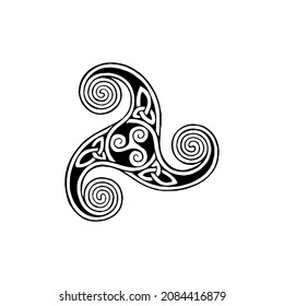 Black celtic spiral triskele on white background. Triskelion. A motif consisting of a triple spiral exhibiting rotational symmetry. Three twisted and connected spirals. Isolated illustration. Vector.