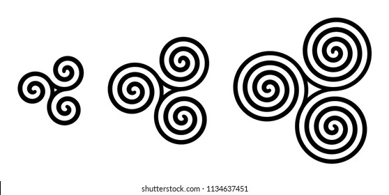 Black celtic triskelion spirals over white. Triple spirals with two, three and four turns. Motifs of three twisted and connected spirals, exhibiting rotational symmetry. Isolated illustration. Vector.