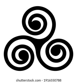 black Celtic triskelion spirals over the white one. Triple helix with two, three turns. Motifs of twisted and connected spirals, showing rotational symmetry