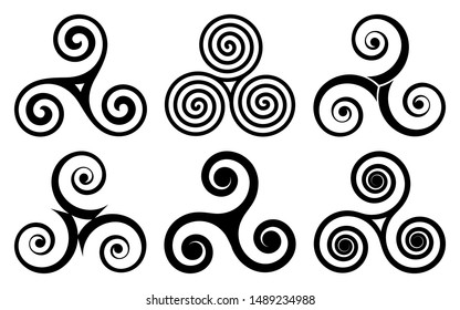 Black celtic triskels vector set. Irish, breton and scottish traditonal symbols, triple spirals isolated on white background.