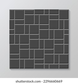 Black cement seamless print. Kitchen backsplash. Ceramic pattern. Metro background. Brick texture. Tile subway wall. Vintage rectangle brickwall. Old stone surface. Vector illustration.