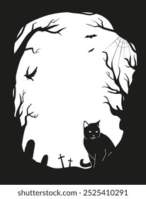 Moldura de cemitério preto com ilustração de gato preto. Vetor assustador fundo de Halloween para mídias sociais ou design de banner. Árvores, túmulos e morcegos em branco