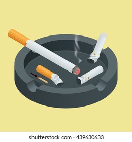 Black ceramic ashtray full of smokes cigarettes. Flat 3d vector isometric illustration