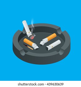 Black ceramic ashtray full of smokes cigarettes. Flat 3d vector isometric illustration