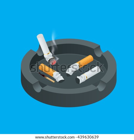 Black ceramic ashtray full of smokes cigarettes. Flat 3d vector isometric illustration