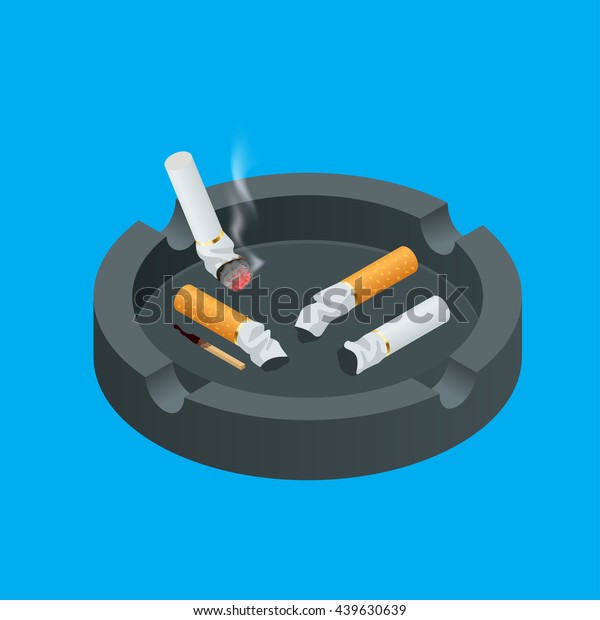 Black ceramic ashtray full of smokes\
cigarettes. Flat 3d vector isometric\
illustration
