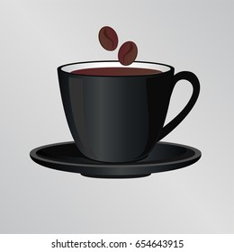 Black ceramic coffee cup with coffee beans vector drawing with saucer on grey background 