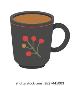Black ceramic coffee mug with autumn berries pattern. Hot beverage cup with floral decor for cozy home vibes. Flat vector illustration isolated on white background.