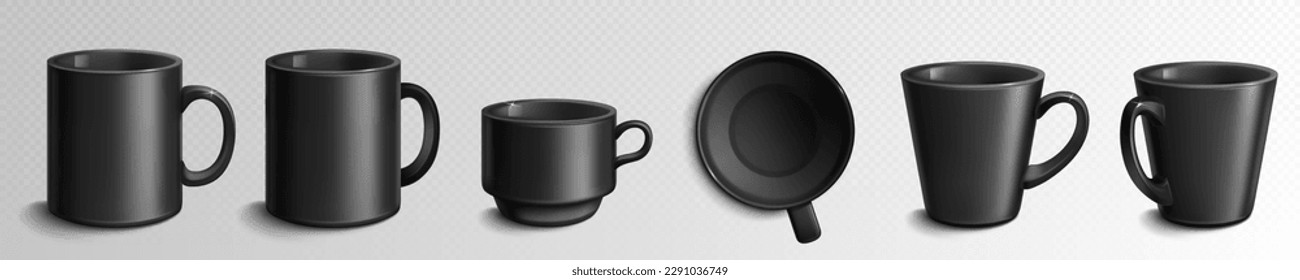 Black ceramic coffee mug vector mockup template. Isolated realistic porcelain tea and espresso cup on transparent background. Top view empty clean cappuccino mat dishes for restaurant advertising