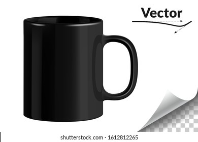 Black ceramic mug. Cup on transparent background. Vector illustration. Realistic style. 3D style.
