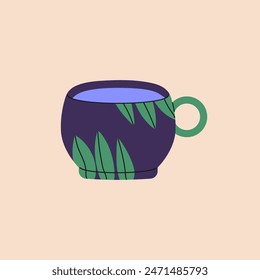 Black ceramic mug with leaves pattern for drinks, water. Cute cup of coffee, tea with foliage print. Design of pottery teacup decorated with painted green grass. Flat isolated vector illustration