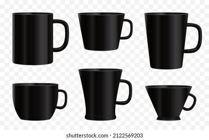 Black Ceramic Mug Vector Mockups. Isolated blank coffee cup templates ready for design.