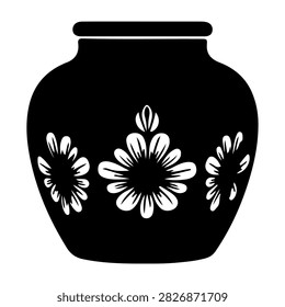 A black ceramic pot decorated with intricate white floral motifs, showcasing traditional craftsmanship and cultural artistry.