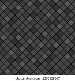 Black ceramic square tiles pattern background. Elegant home interior, bathroom and kitchen wall and floor rhombus texture. Vector dark grey glossy brick wall background.