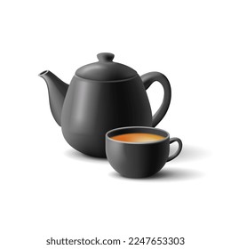 Schwarze Keramik-Teekanne, mit einer Tasse Tee, realistisches 3D-Bild auf weißem Hintergrund. Ein modernes, stilvolles Element für die Teewerbung.