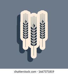 Black Cereals icon set with rice, wheat, corn, oats, rye, barley icon isolated on grey background. Ears of wheat bread symbols. Agriculture wheat symbol. Long shadow style. Vector Illustration