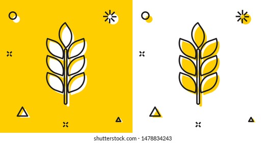 Black Cereals set with rice, wheat, corn, oats, rye, barley icon isolated on yellow and white background. Ears of wheat bread symbols. Agriculture wheat. Random dynamic shapes. Vector Illustration