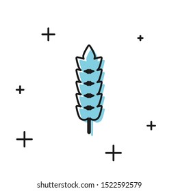 Black Cereals set with rice, wheat, corn, oats, rye, barley icon isolated on white background. Ears of wheat bread symbols.  Vector Illustration