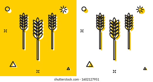 Black Cereals set with rice, wheat, corn, oats, rye, barley icon isolated on yellow and white background. Ears of wheat bread symbols. Random dynamic shapes. Vector Illustration