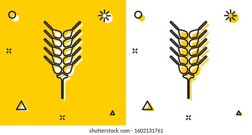 Black Cereals set with rice, wheat, corn, oats, rye, barley icon isolated on yellow and white background. Ears of wheat bread symbols. Random dynamic shapes. Vector Illustration