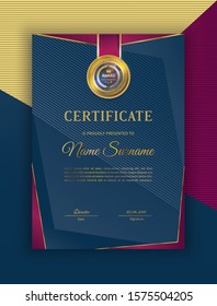 Black certificate with gold red blue design elements. Modern blank with gold emblem