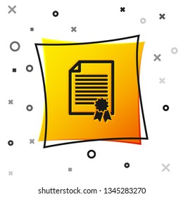 Black Certificate template icon isolated on white background. Achievement, award, degree, grant, diploma concepts. Business success certificate. Yellow square button. Vector Illustration