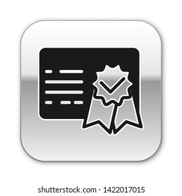 Black Certificate template icon isolated on white background. Achievement, award, degree, grant, diploma concepts. Business success certificate. Silver square button. Vector Illustration