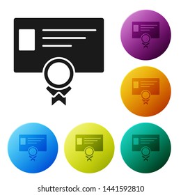 Black Certificate template icon isolated on white background. Achievement, award, degree, grant, diploma concepts. Business success certificate. Set icons colorful circle buttons. Vector Illustration